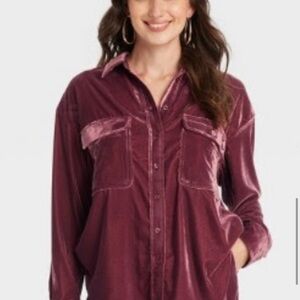 Velvet Button-Up Shirt in Rich Burgundy